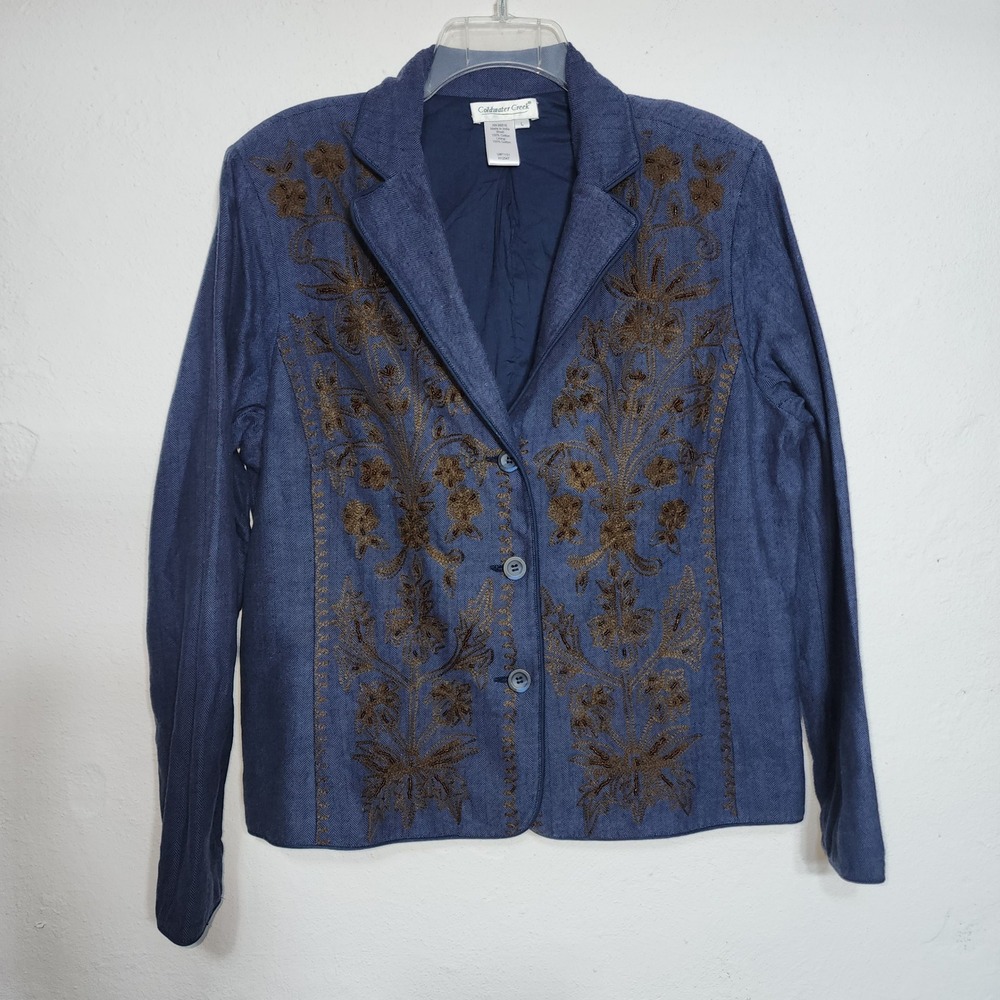 Coldwater Creek Blazer L Blue Bronze Embroidered Beaded Cotton Herringbone - Picture 8 of 13